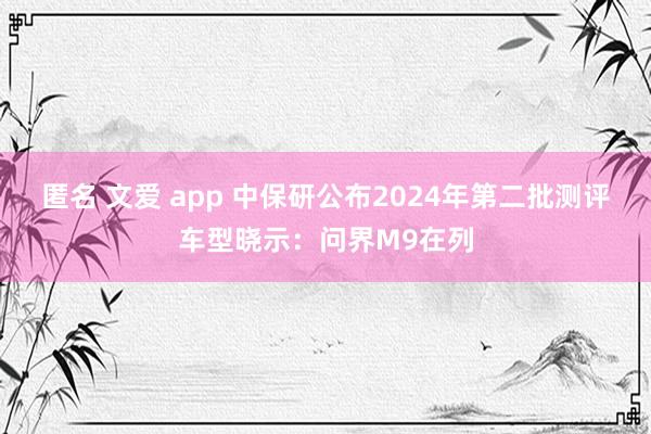 匿名 文爱 app 中保研公布2024年第二批测评车型晓示：问界M9在列